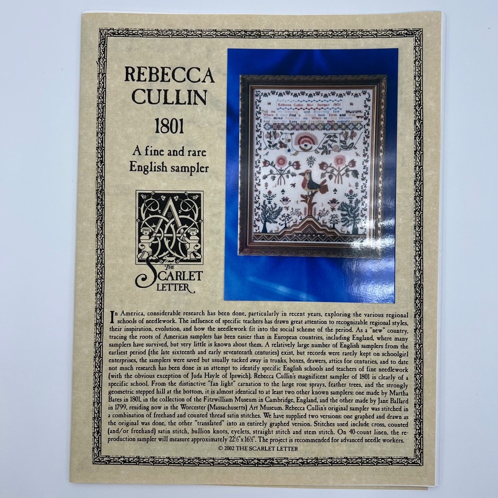 Scarlet Letter Rebecca Cullin 1801 English Sampler Cross Stitch Pattern Chart